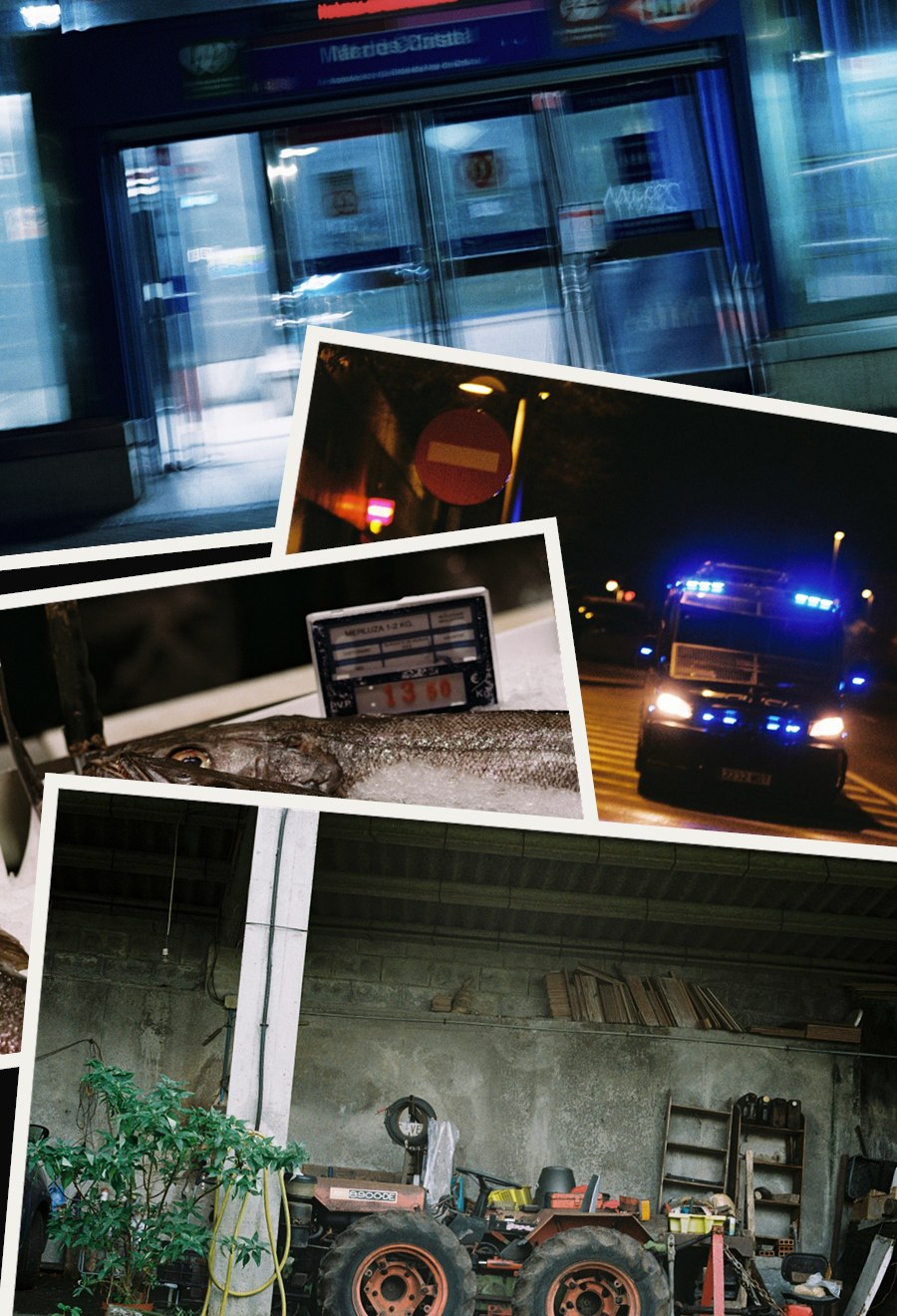 A collage of four photographs by Artie Parada: a blurred Madrid metro entrance, a police car at night, hake on ice at a fish market, and a tractor parked in a barn